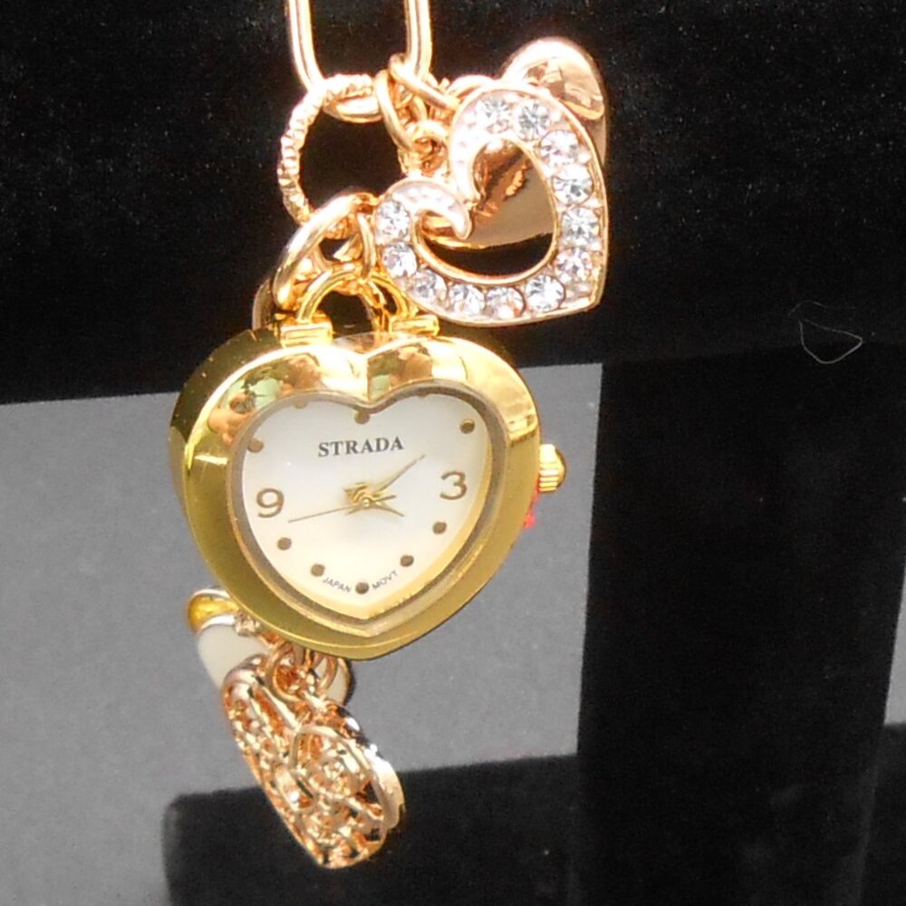 Watch Bracelet with Heart Charms, Strada White Austrian Crystal in Gold Tone